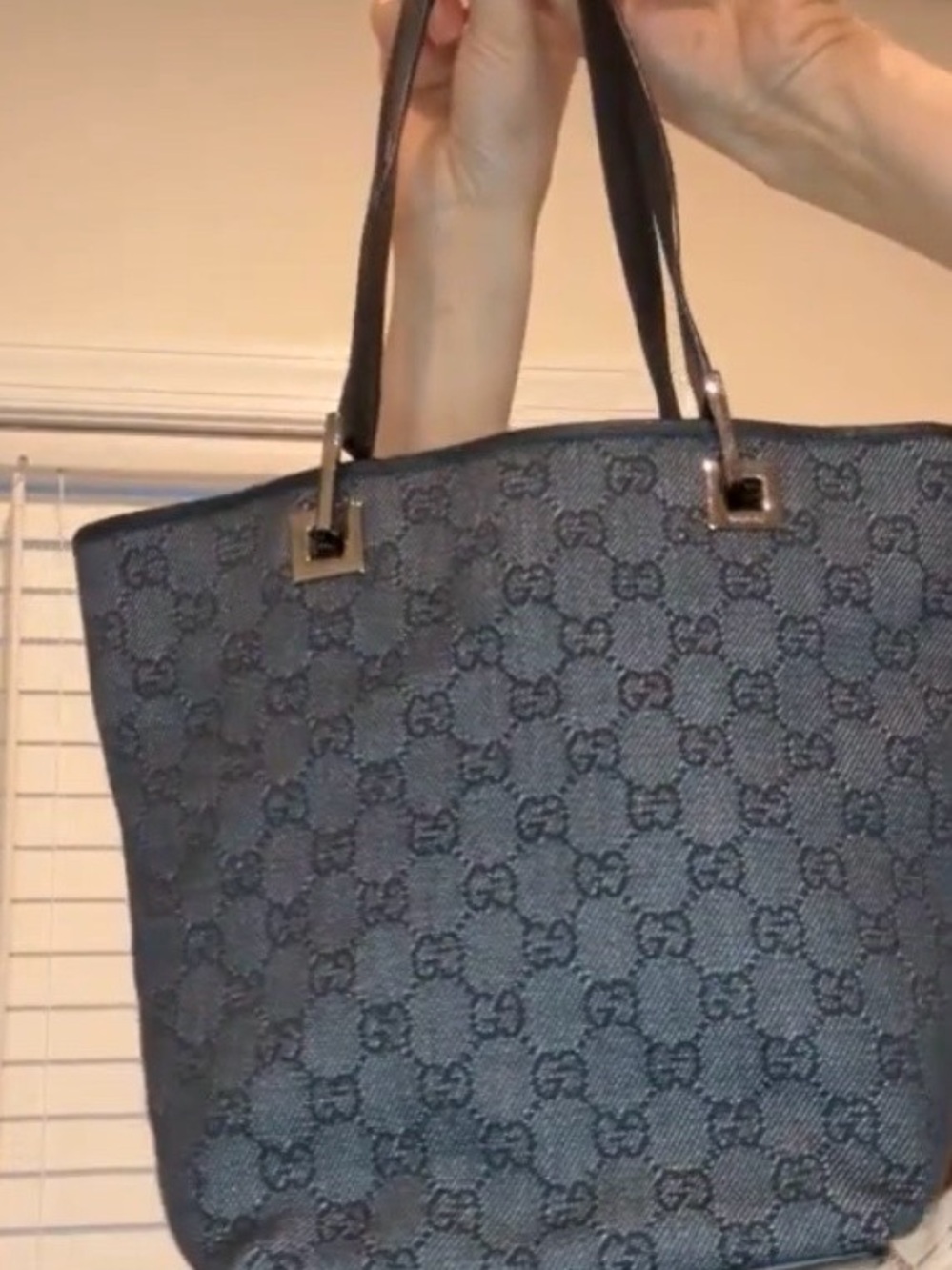 Gucci Navy Monogram jacquard mini Tote with Leather Handles shw